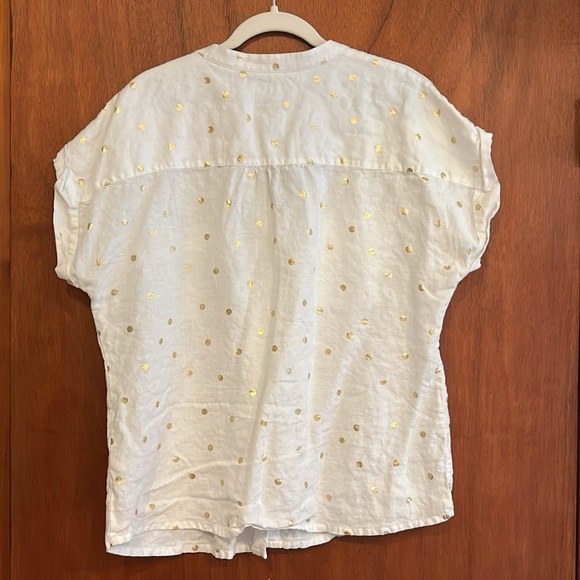 Boden 100% linen metallic gold polka dot button up shirt size 14 - Picture 2 of 6